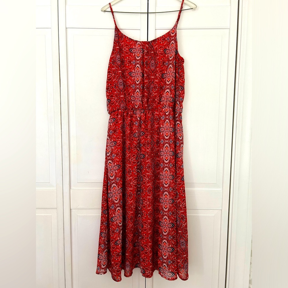 Olive & Oak lined midi-length sundress, red patterned, size 8, NWT